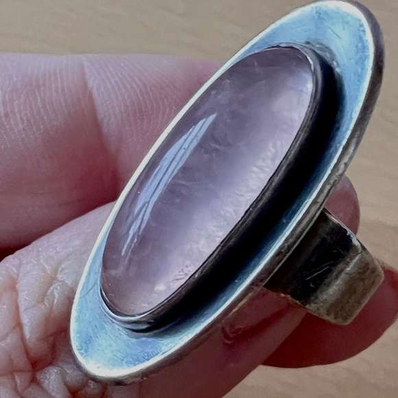 VINTAGE LARGE ROSE QUARTZ CABOCHON RING 925 STERLING SILVER DESIGNER HALLMARKED